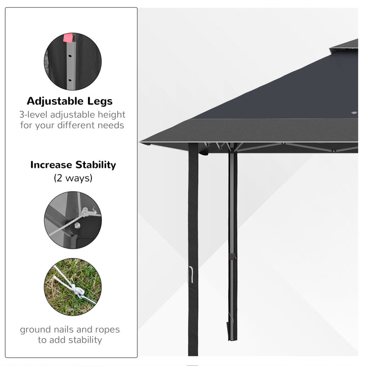 Outsunny 4 x 4m Pop-up Gazebo Double Roof Canopy Tent with UV Proof, Roller Bag & 3-Level Height Adjustable Outdoor Party, Steel Frame, Grey