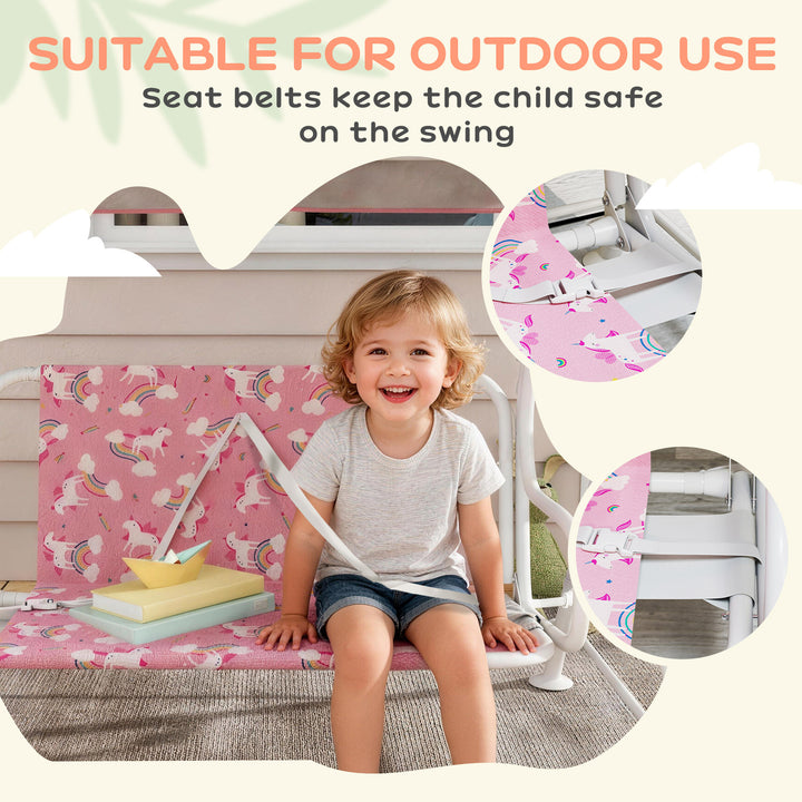 Kids Porch Swing, 2-Seater Patio Swing Bench Hammock with Seat Belts, Adjustable Canopy for Garden - Pink