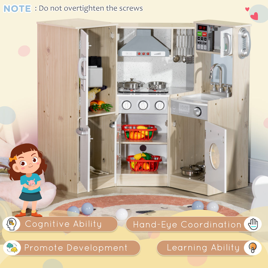 HOMCOM Interactive Wooden Play Kitchen for Children, Pretend Play Set with Sounds, Lights, Phone, Microwave, Fridge, Ice Maker | Aosom UK