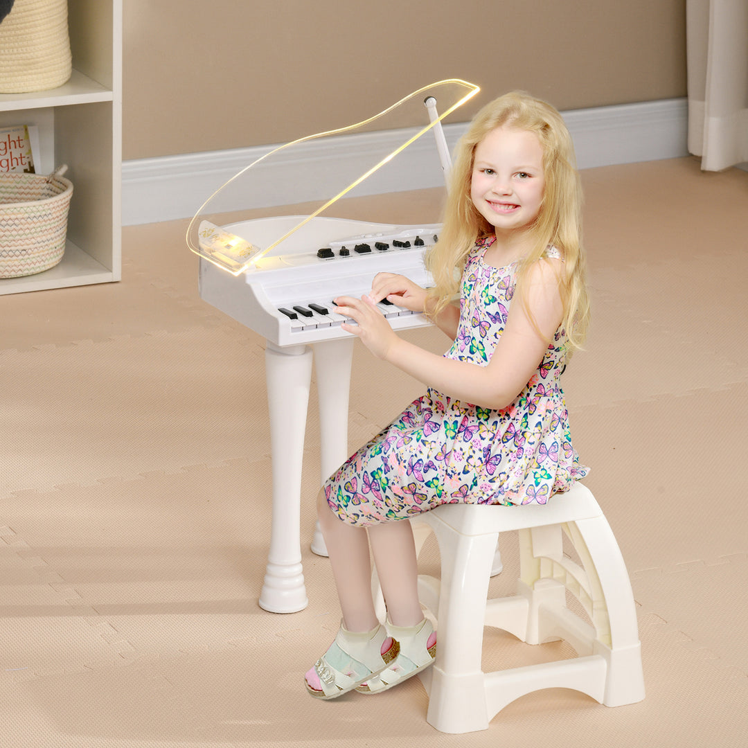 AIYAPLAY Children's 32-Key Electronic Piano Keyboard w/ Stool, Interactive Lights, Microphone, Variety of Sounds for Kids, White | Aosom UK