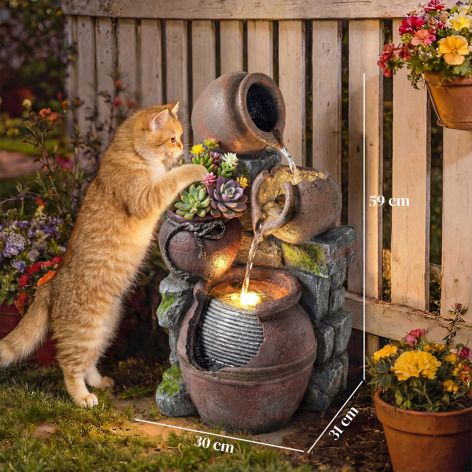 Outdoor Fountain with 4-Tier Rustic Pots & Planter, Garden Fountain wi