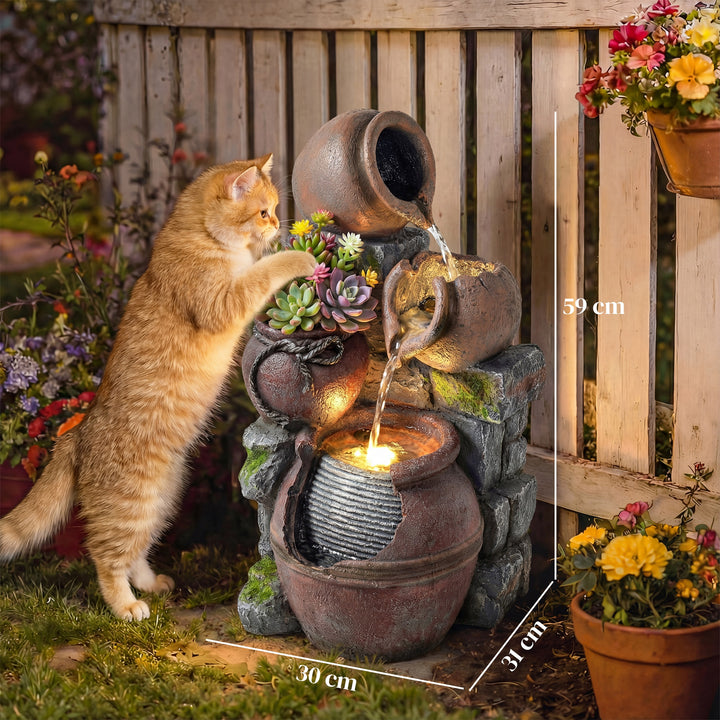 Outdoor Fountain with 4-Tier Rustic Pots &amp; Planter, Garden Fountain wi
