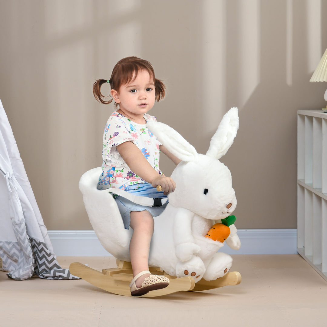 Kids Rabbit-Shaped Rocking Horse, with Safety Belt, Realistic Sounds, for Ages 18-36 Months - White