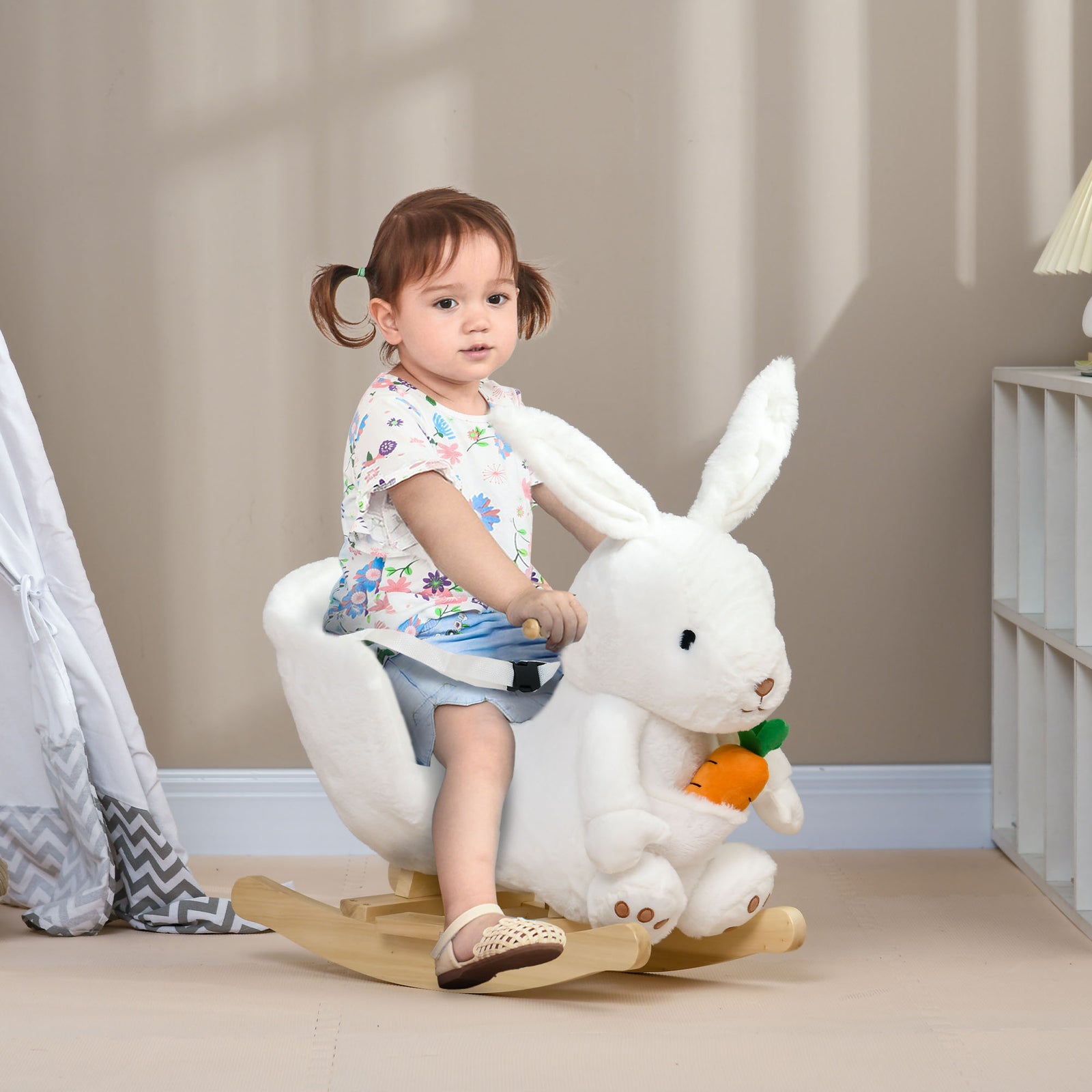 Kids Rabbit-Shaped Rocking Horse, with Safety Belt, Realistic Sounds, for Ages 18-36 Months - White