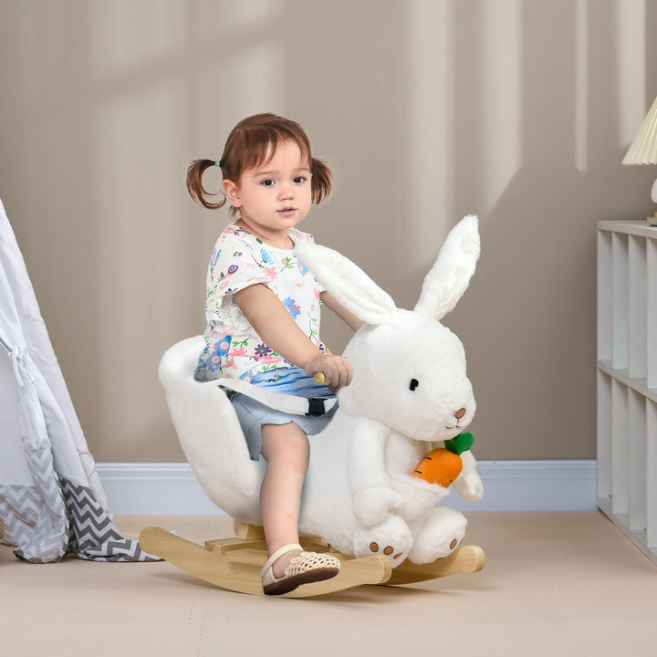 Kids Rabbit-Shaped Rocking Horse, with Safety Belt, Realistic Sounds, for Ages 18-36 Months - White