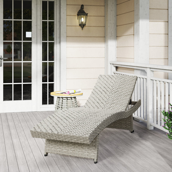 Outdoor PE Rattan Sun Lounger, Folding Wicker Garden Lounger Recliner with 4-Level Adjustable Backrest, Rolling Sunbed Lounge Chair with Wheels, Non-Slip Legs for Balcony, Beach, Grey