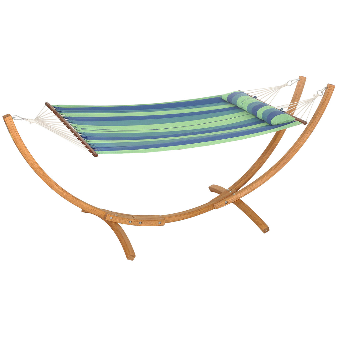 Outdoor Hammock with Stand, Garden Hammock with Triple-Head Eucalyptus Wood Arc Frame, 1 Person Cotton Bed and Head Pillow, Freestanding Garden Swing Bed for Patio, Blue Stripe