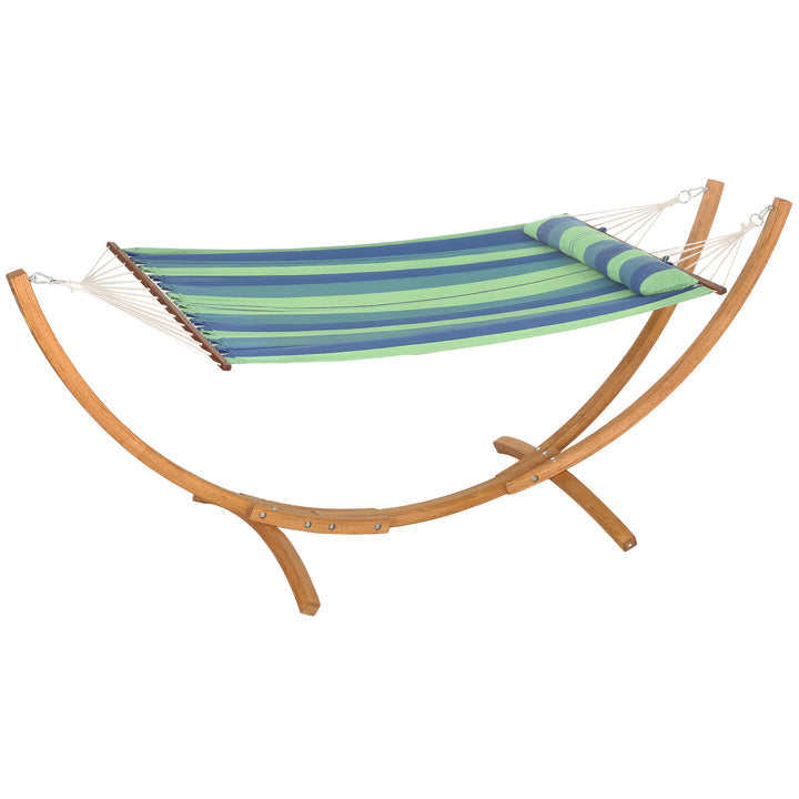 Outdoor Hammock with Stand, Garden Hammock with Triple-Head Eucalyptus Wood Arc Frame, 1 Person Cotton Bed and Head Pillow, Freestanding Garden Swing Bed for Patio, Blue Stripe