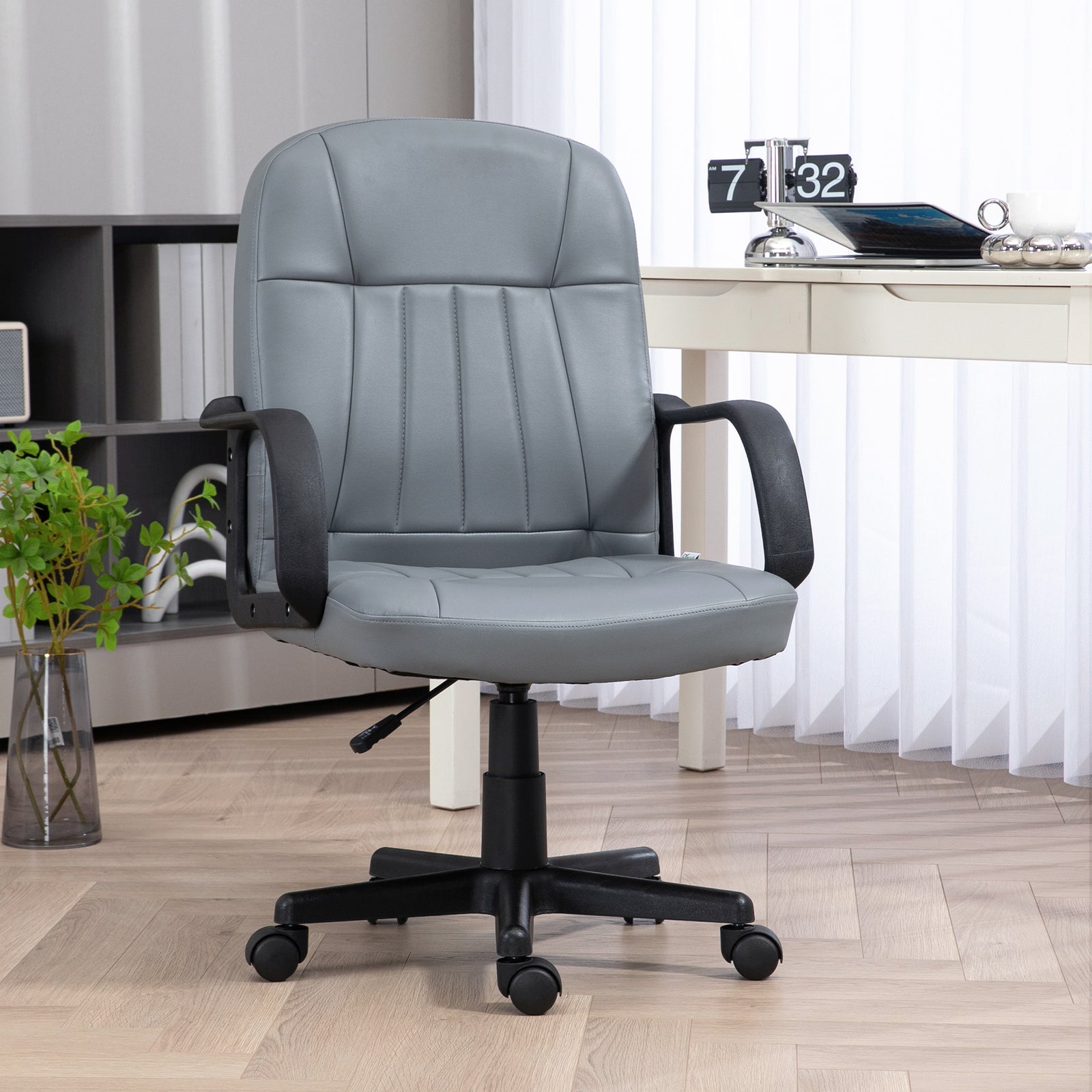 Office Chair, PU Leather Computer Desk Chair with Adjustable Height, Swivel Wheels for Home Office Work Study, Grey