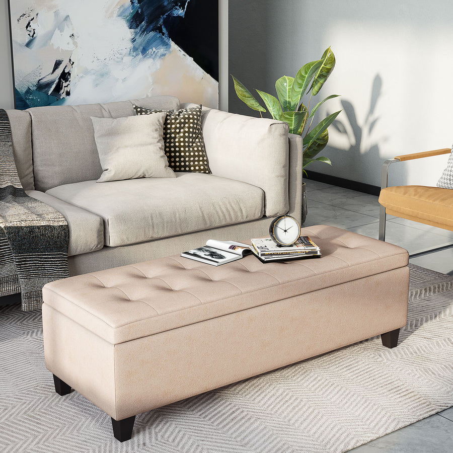 Linen Storage Ottoman, End of Bed Bench, Padded Footrest Seat with Tufting Design, Hinged Lid and Wood Frame 125L x 49W x 41.5H cm Beige
