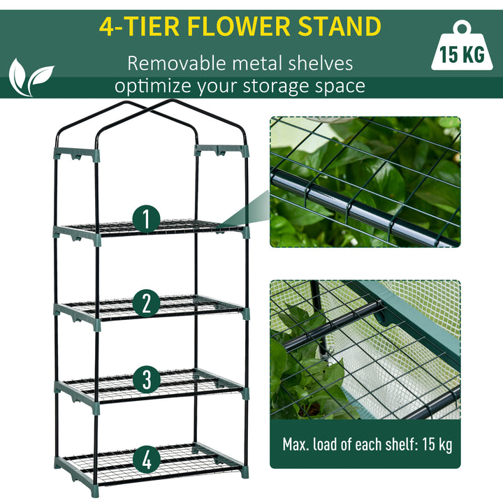 Outsunny Portable Mini Greenhouse, 4 Tier, Metal Frame with PE Cover, Plant Grow Shed, 160H x 70L x 50W cm, White.