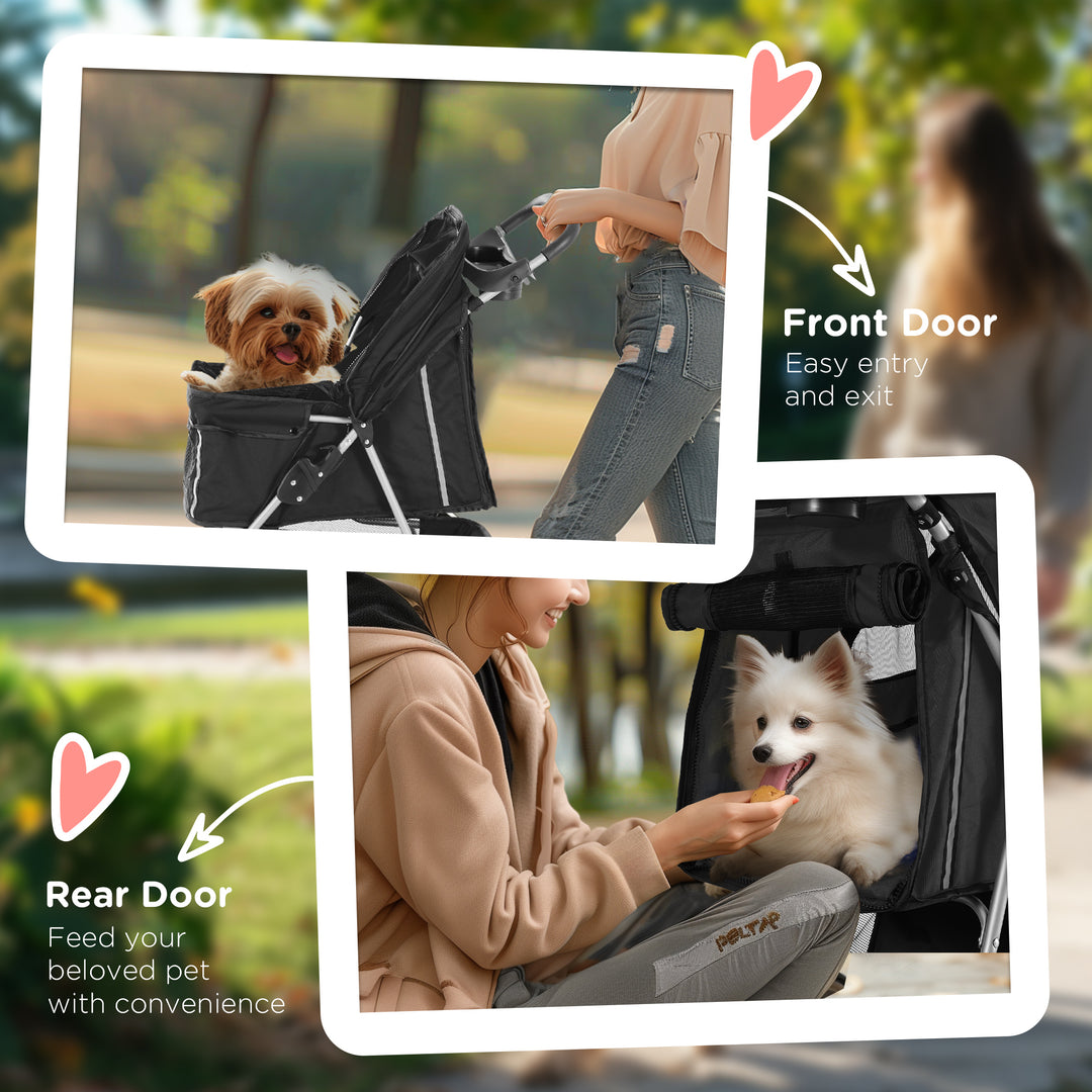 Dog Stroller, 3 Wheels Foldable Cat Dog Pram with Cup Holder, Storage Basket, Pet Stroller for Small Miniature Dogs, Black