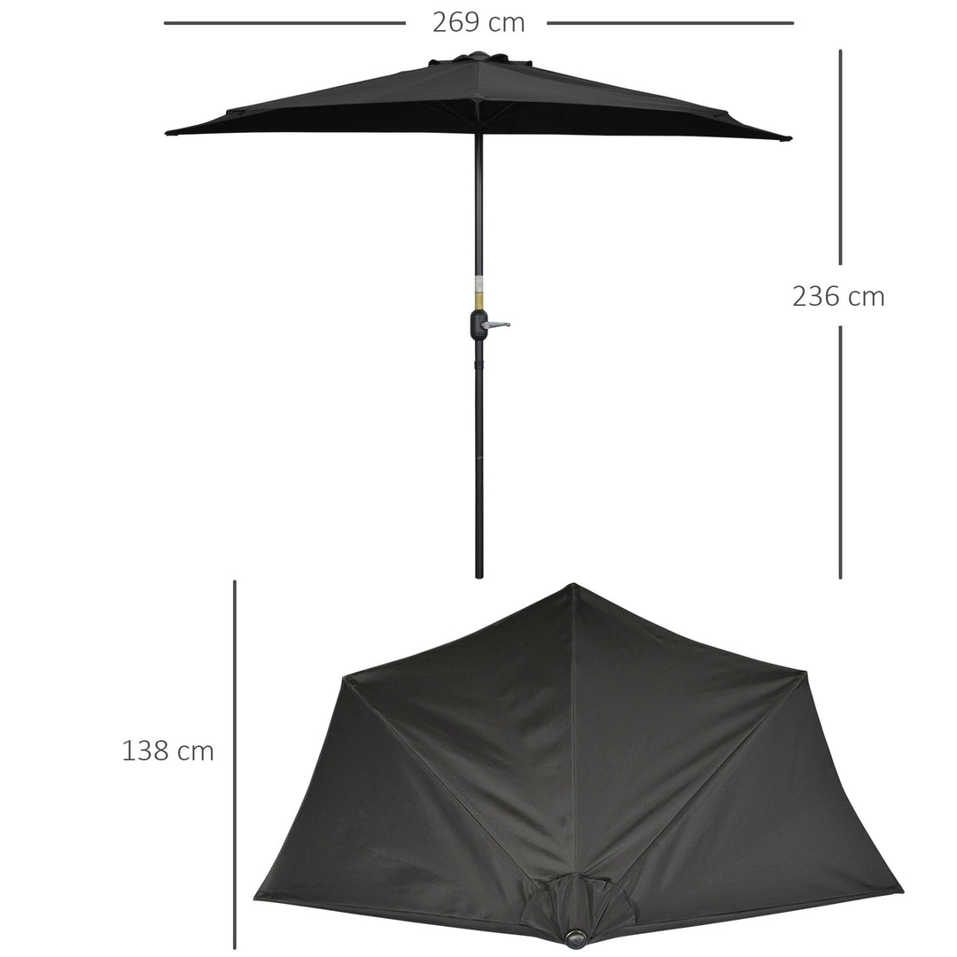 2.7m Garden Half Parasol, Outdoor Balcony Umbrella with 5 Steel Ribs, Patio Sun Shade, Black