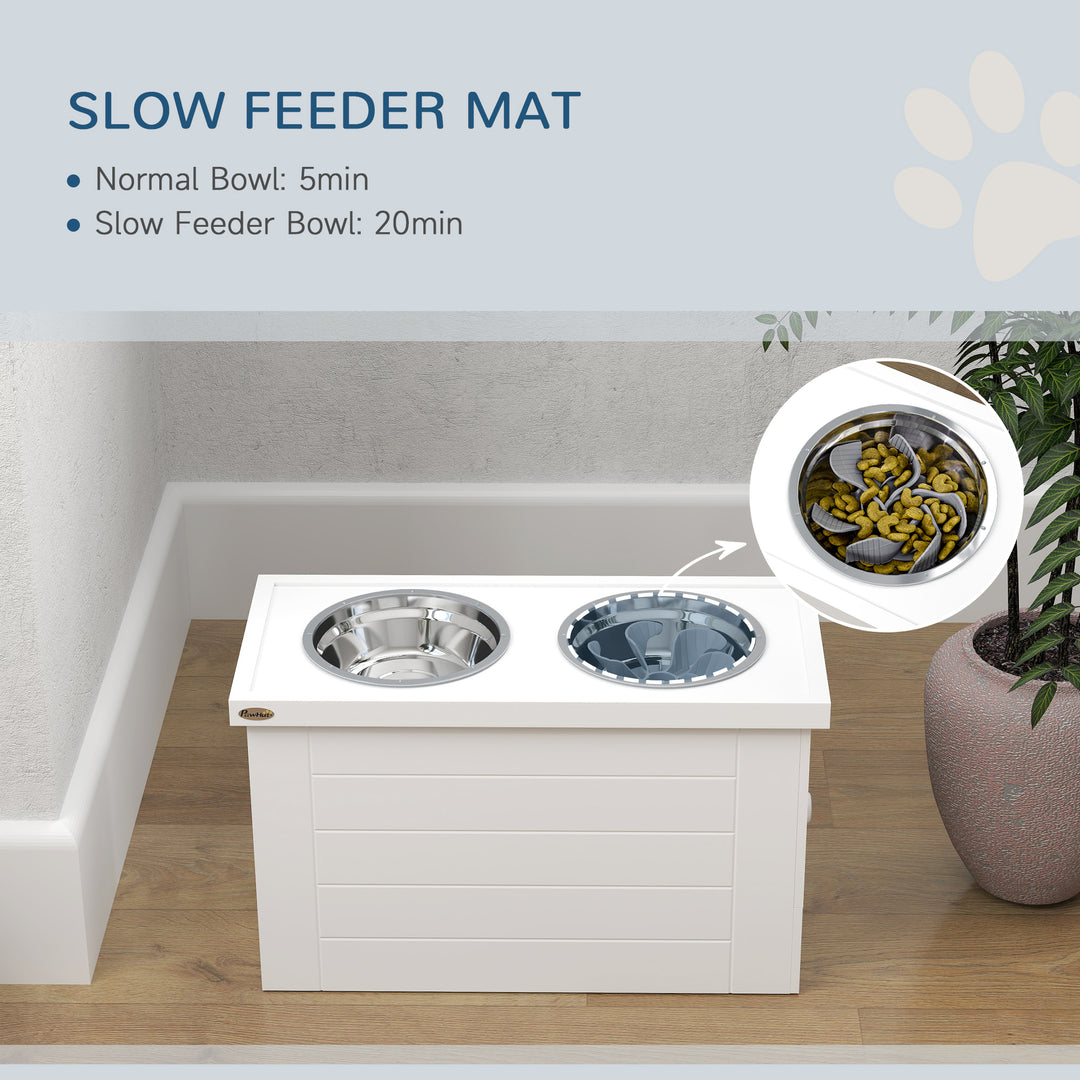 Raised Dog Bowls w/ Slow Feeder Mat, Storage Cabinet, Three Stainless Steel Bowls, Semi Auto Dispenser Function, White