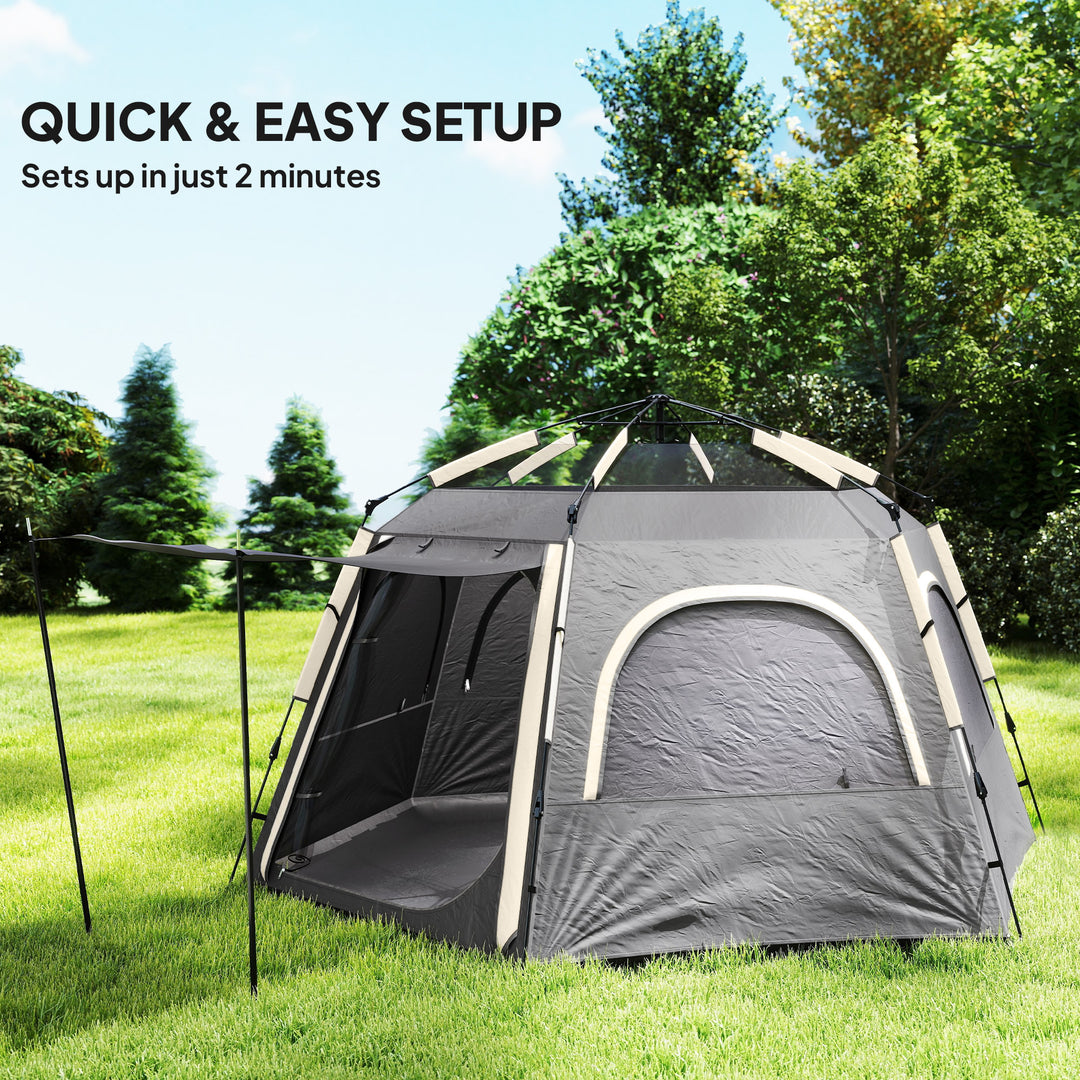 Instant Pop Up Camping Tent, 2/3/4 Person Easy Setup Dome Family Tent with Vestibule, Rainfly, 4 Mesh Windows & 2 Doors, Hexagonal Design, Waterproof & UV Protected, Dark Grey