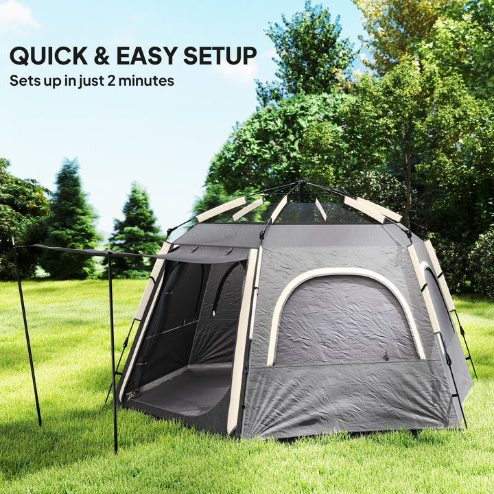 Instant Pop Up Camping Tent, 2/3/4 Person Easy Setup Dome Family Tent with Vestibule, Rainfly, 4 Mesh Windows & 2 Doors, Hexagonal Design, Waterproof & UV Protected, Dark Grey
