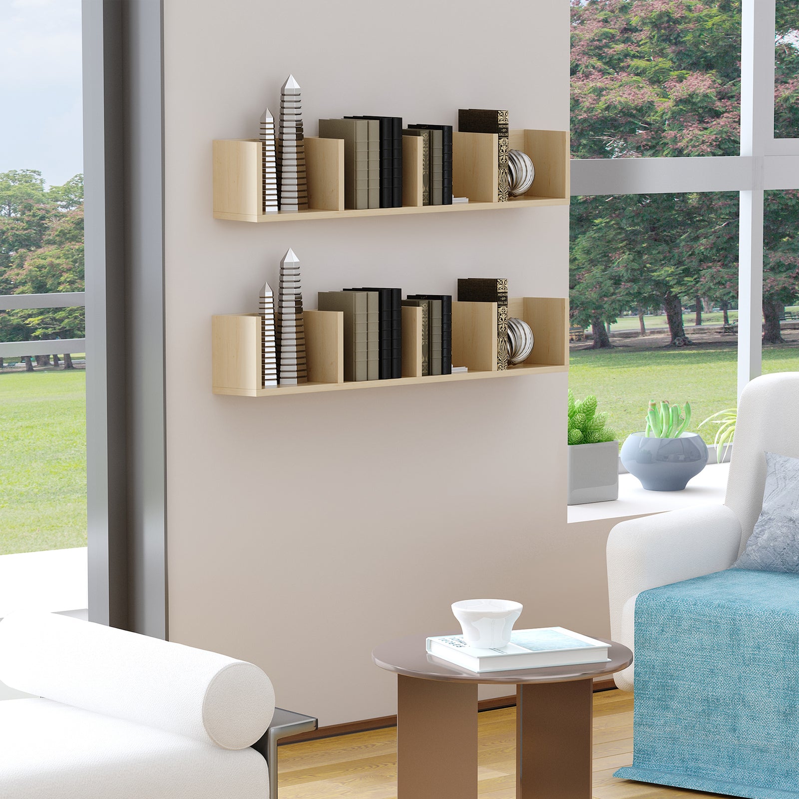 Wall Mount 84 CD / 56 DVD/Blu-ray/ Media Storage Rack 4 Cubes, Wooden Shelf Organiser Unit Bookcase Display, Set of 2, Natural Wood Finish