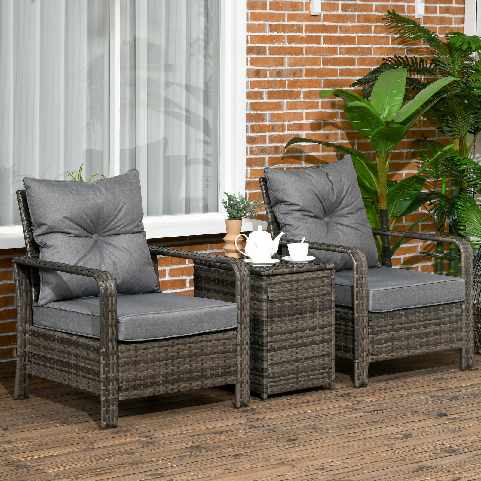 3 Pieces Rattan Bistro Set, Wicker Garden Furniture Set with Storage Coffee Table and Chairs, Thickened Cushions for Outdoor, Patio, Balcony, Grey