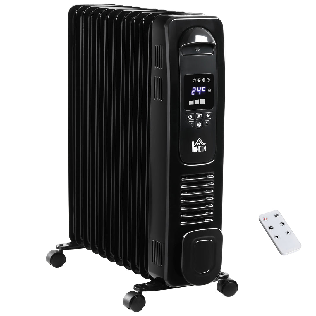 MCL 2500W Digital Display Oil Filled Radiator, 11 Fin Portable Electric Heater with Timer, Adjustable Thermostat, Three Heat settings, Safety Cut Off, Remote, Black