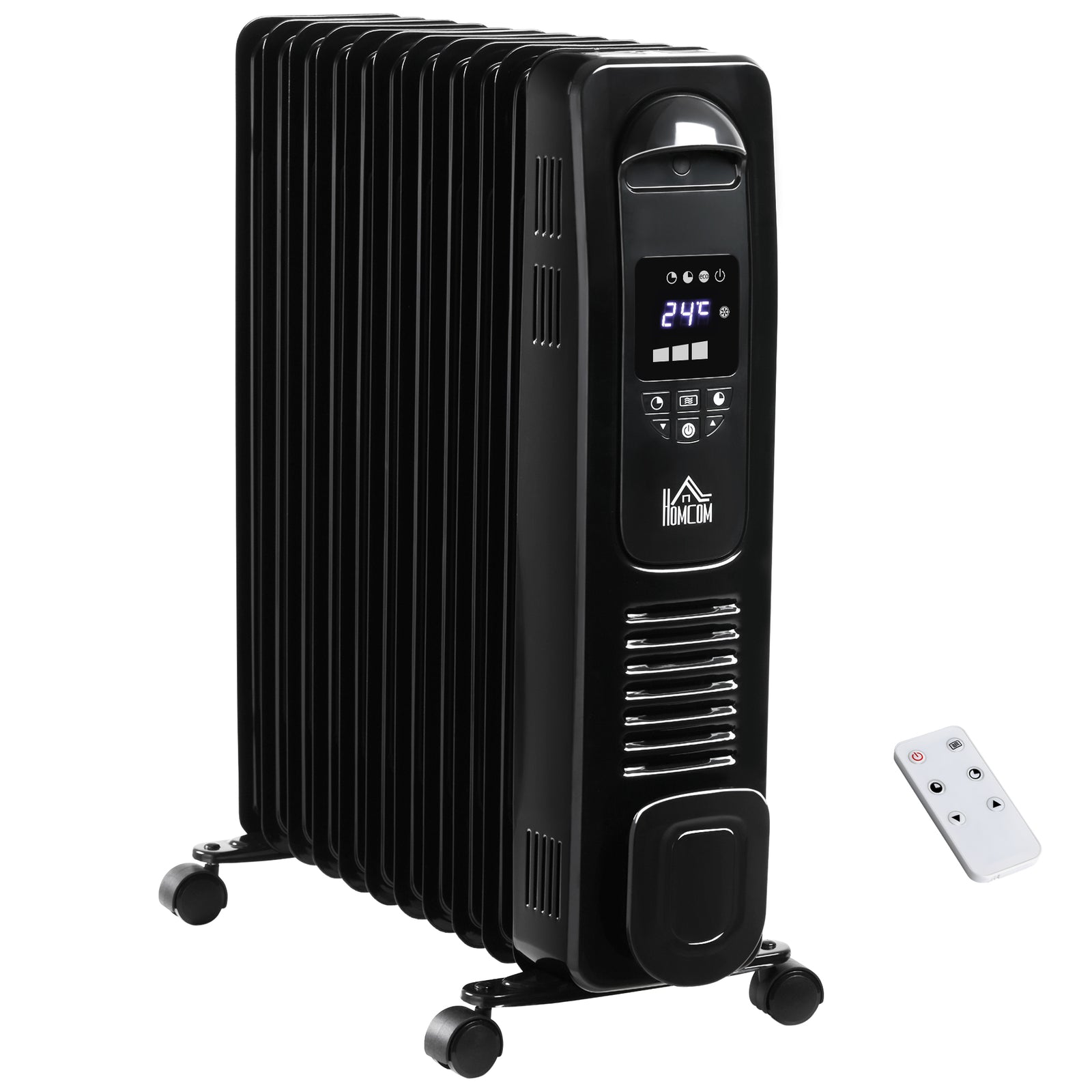 2500W Digital Display Oil Filled Radiator, 11 Fin Portable Electric Heater with Timer, Adjustable Thermostat, Three Heat settings, Safety Cut Off, Remote, Black