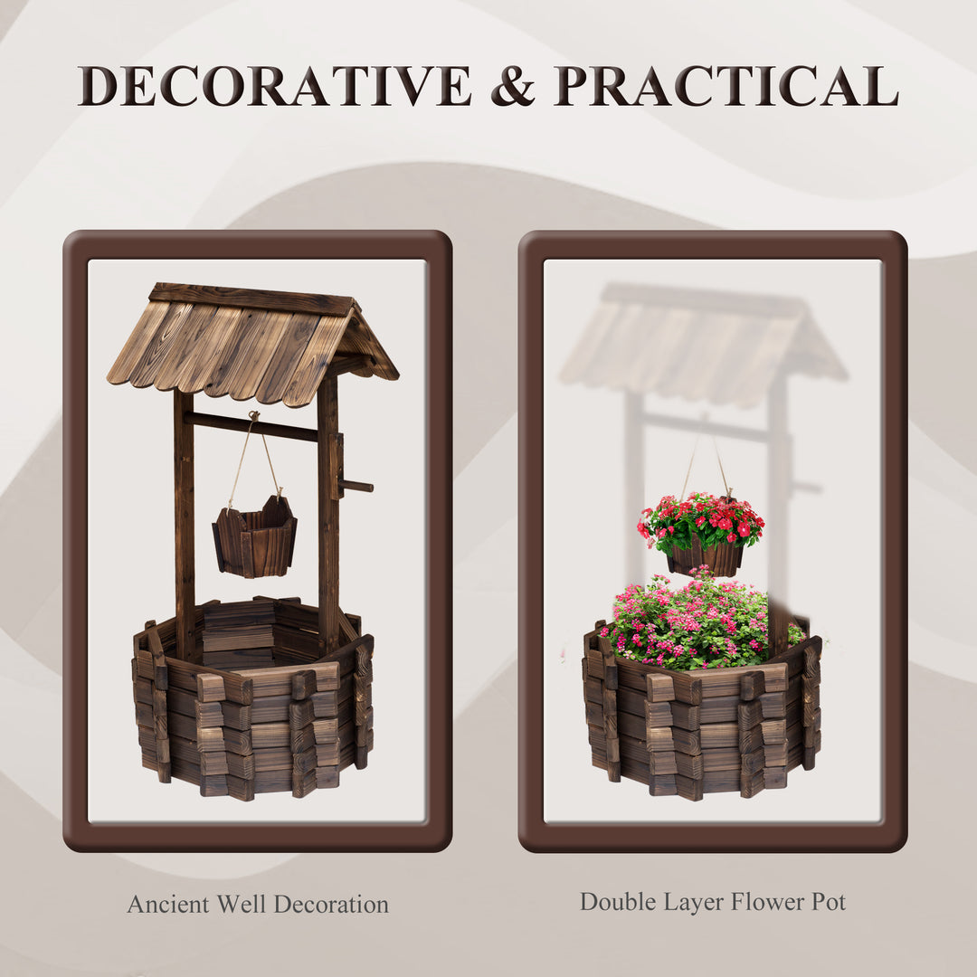 MCL Wooden Wishing Well Planter Outdoor Flower Pot Backyard Garden Decor w/ Bucket