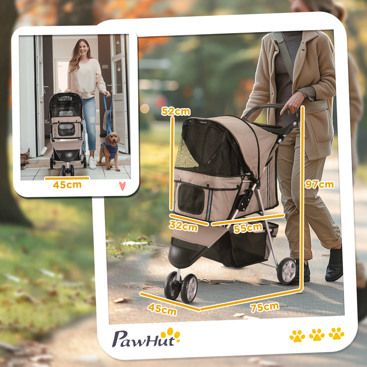 Dog Stroller, 3 Wheels Foldable Cat Dog Pram with Cup Holder, Storage Basket, Pet Stroller for Small Miniature Dogs, Brown