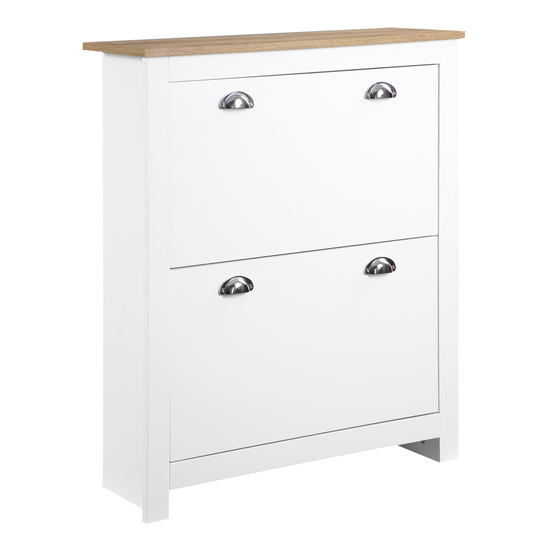 2 Drawer Shoe Cabinet Modern Narrow Shoe Cupboard Hallway Wooden Storage Organiser with Flip Doors Adjustable Shelf for 6-12 Pairs, White