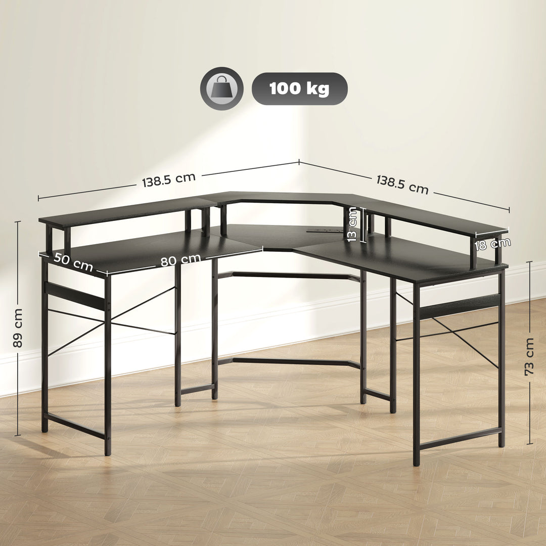 L' Shaped Work Desk, with LED Lights - Black