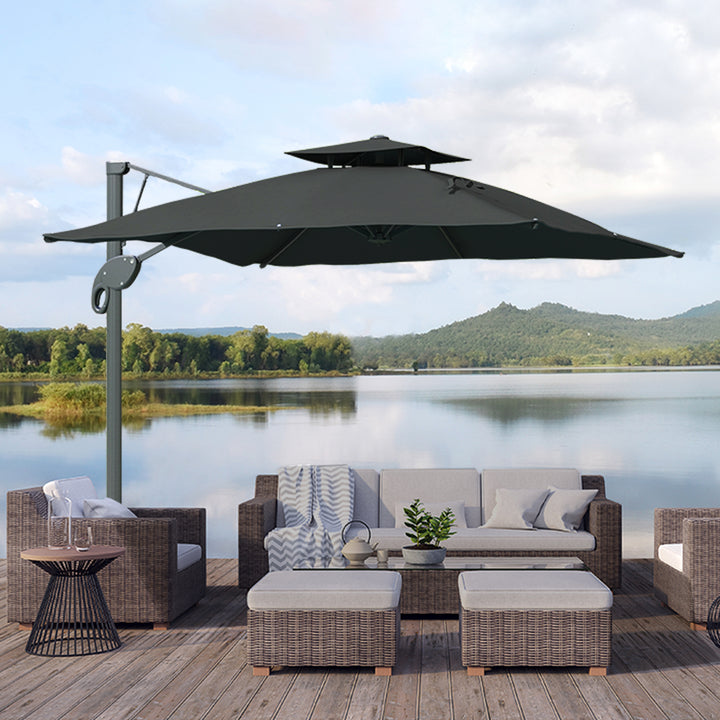 Outsunny Garden Parasol, 3(m) Cantilever Parasol with Hydraulic Mechanism, Dual Vented Top, 8 Ribs, Cross Base, Grey