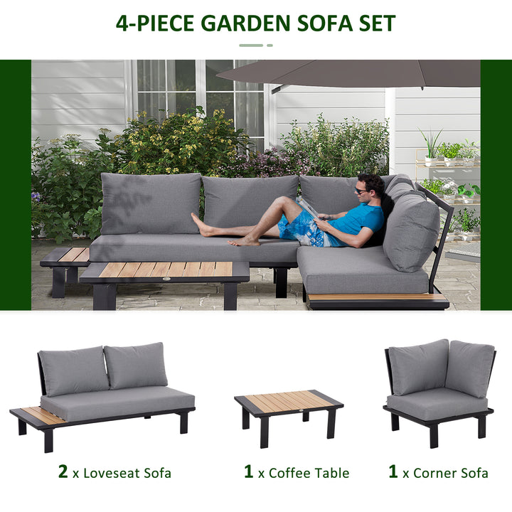 Outsunny 4 Pieces Aluminium Garden Furniture Set L Shape Sofa Set with Tables, Cushions for Indoor, Garden, Patio, Dark Grey