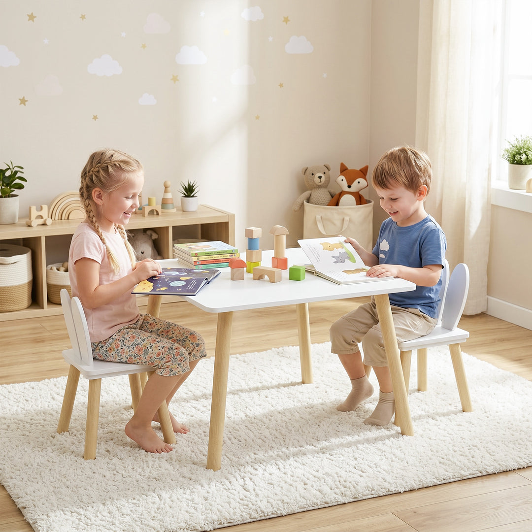 3 Pcs Toddler Table and Chair Set, Kids Desk and 2 Chairs Set w/ Bunny