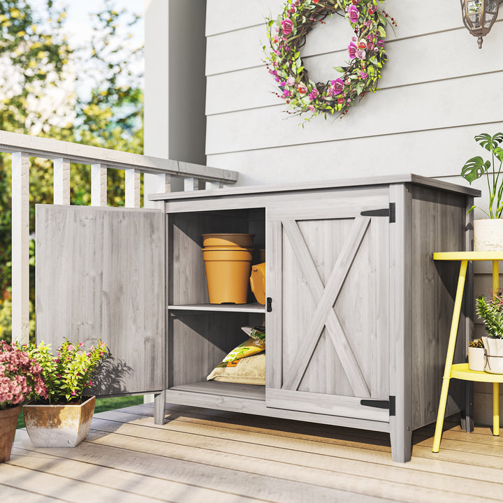 MCL Wooden Garden Shed, Outdoor Fir Wood Storage Shed with Shelf and Double Doors, Light Grey