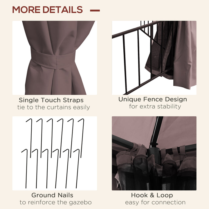 MCL 3 x 3(m) Hexagon Gazebo Patio Canopy Party Tent Outdoor Garden Shelter w/ 2 Tier Roof & Side Panel - Brown