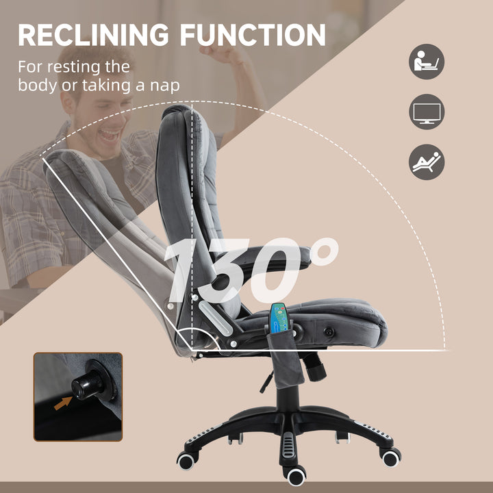 Massage Recliner Chair Heated Office Chair with Six Massage Points Velvet-Feel Fabric 360° Swivel Wheels Grey