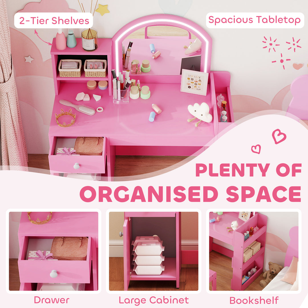MCL Kids Vanity Table and Chair Set, Girls Dressing Table with 2-Colour LED Mirror, Stool, Cabinet, Drawer, Shelves, Pink