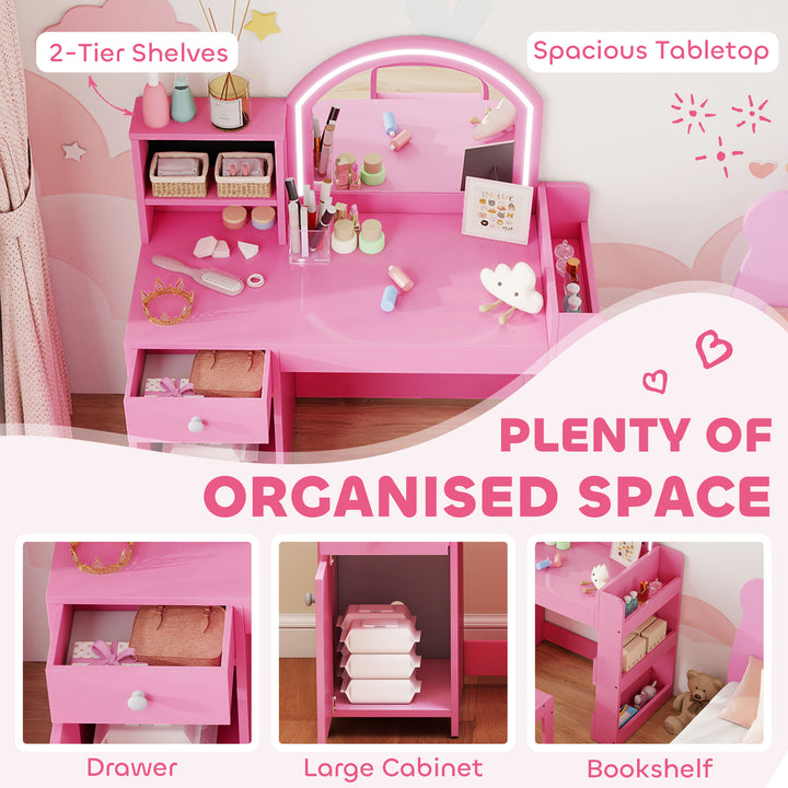 MCL Kids Vanity Table and Chair Set, Girls Dressing Table with 2-Colour LED Mirror, Stool, Cabinet, Drawer, Shelves, Pink
