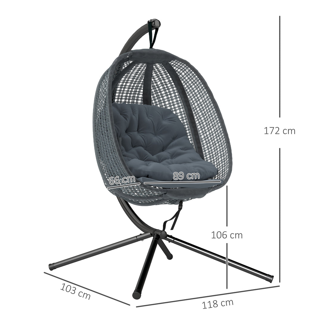 Outdoor Swing Chair with Thick Padded Cushion, Patio Hanging Chair with Metal Stand, Egg Chair with Foldable Basket, Cup Holder, for Indoor and Outdoor, Dark Grey