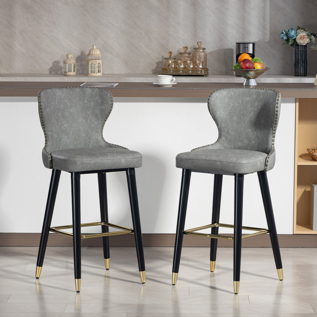 MCL Bar Stools Set of 2, PU Leather Barstools with Back, Footrest and Wood Legs for Kitchen, Counter, Breakfast Bar, Grey