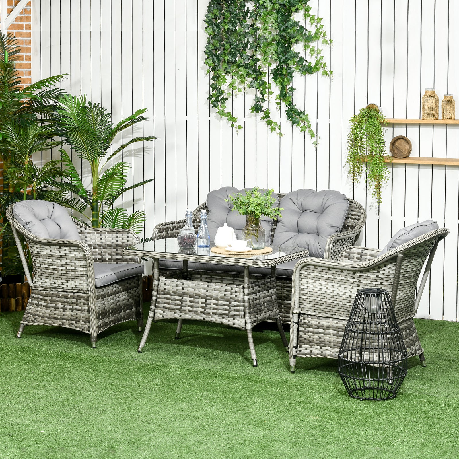Four-Piece Rattan Set, with Glass-Top Table - Grey