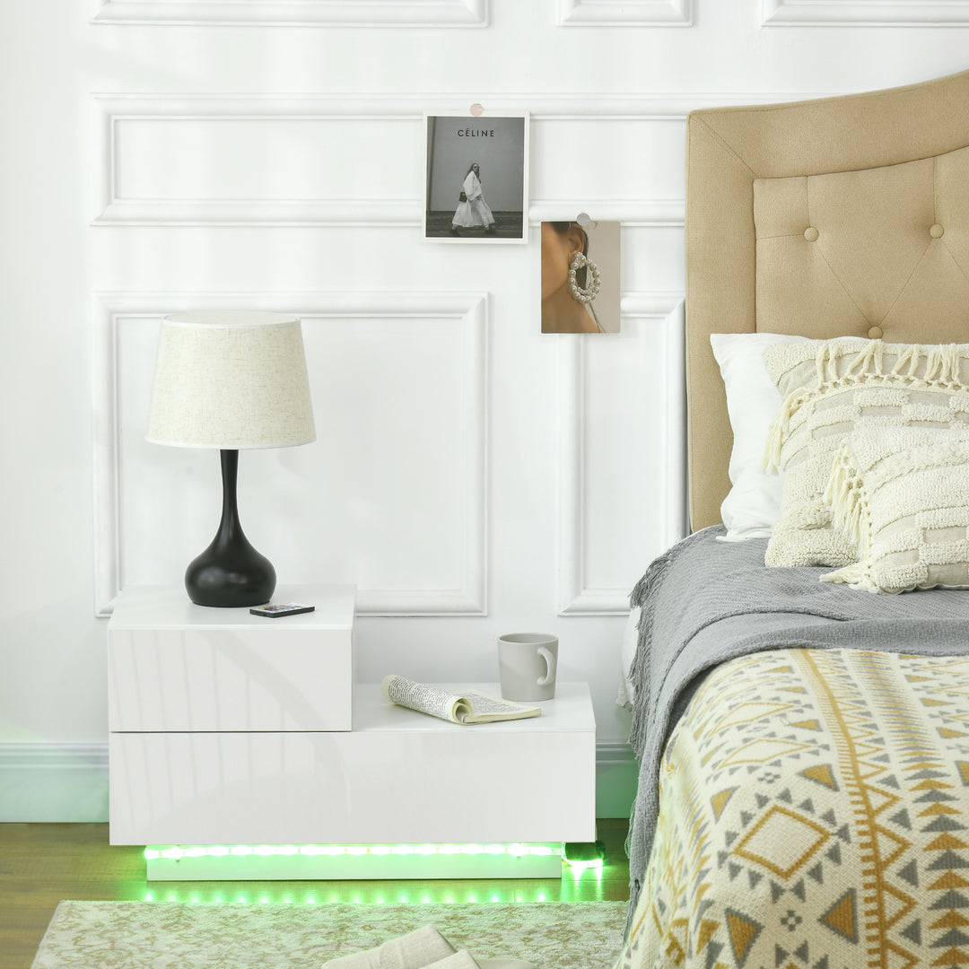 High Gloss Front Bedside Table with Drawers Nightstand with RGB LED Light and Remote for Bedroom Living Room White
