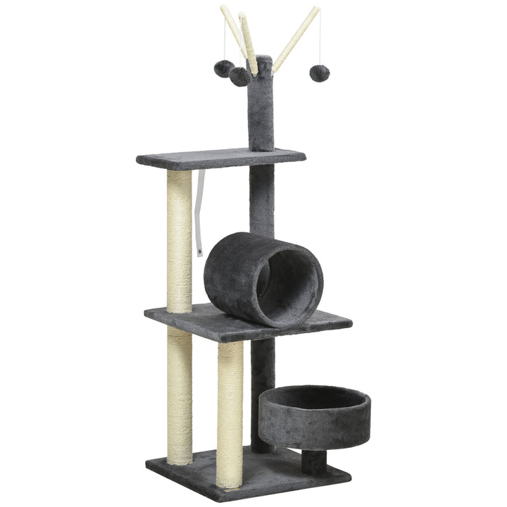 PawHut Cat Tree Tower 121cm, Kitten Activity Centre with Scratching Post, Bed, Tunnel, Perch, Interactive Ball, Grey. | Aosom UK