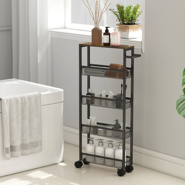 Slim Storage Trolley, 5-Tier Kitchen Cart on Wheels with Wood-effect Top, Handle for Living Room, Bathroom