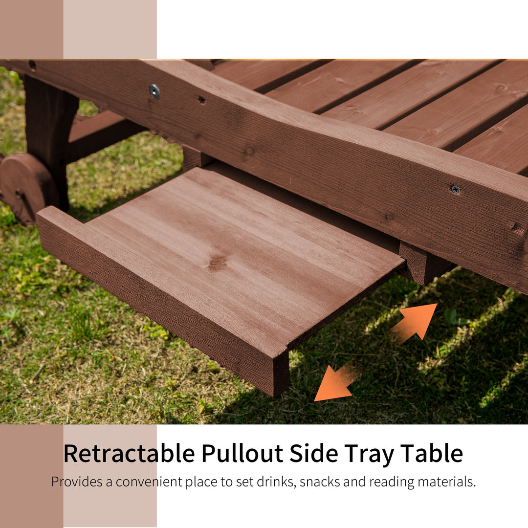 MCL Outdoor Wooden Lounger Chair, Sun Bed with Built-In Table, Adjustable Backrest and Wheels, Red Brown