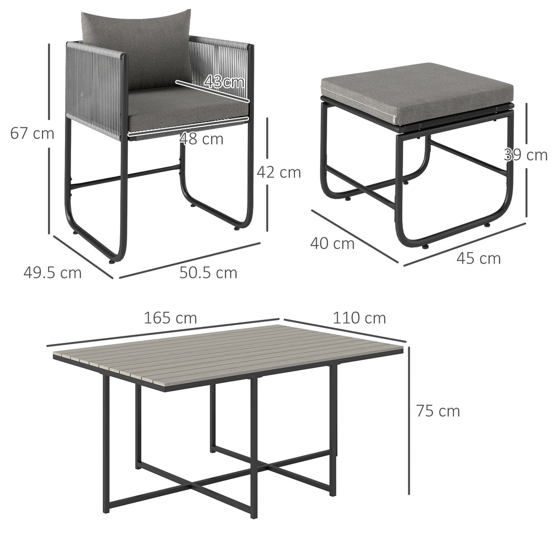 10 Seater Rattan Cube Garden Furniture Set, Rattan Dining Set with Cushions, Outdoor Dining Table and Chairs with 6 Armchairs, 4 Stools, Rectangular Wood Grain Plastic Top Table, Grey