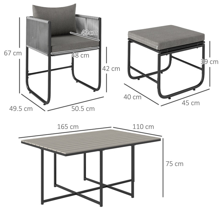 10 Seater Rattan Cube Garden Furniture Set, Rattan Dining Set with Cushions, Outdoor Dining Table and Chairs with 6 Armchairs, 4 Stools, Rectangular Wood Grain Plastic Top Table, Grey