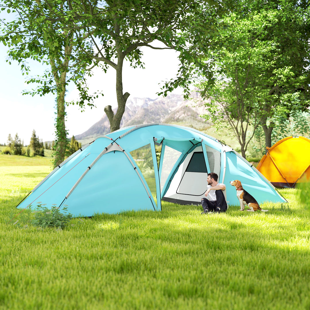 4-6 Man Family Camping Tent w/ 2 Bedrooms and a Living Room, Waterproof Tunnel Tent w/ Sewn In Groundsheet, Doors, Windows, Carry Bag, Blue