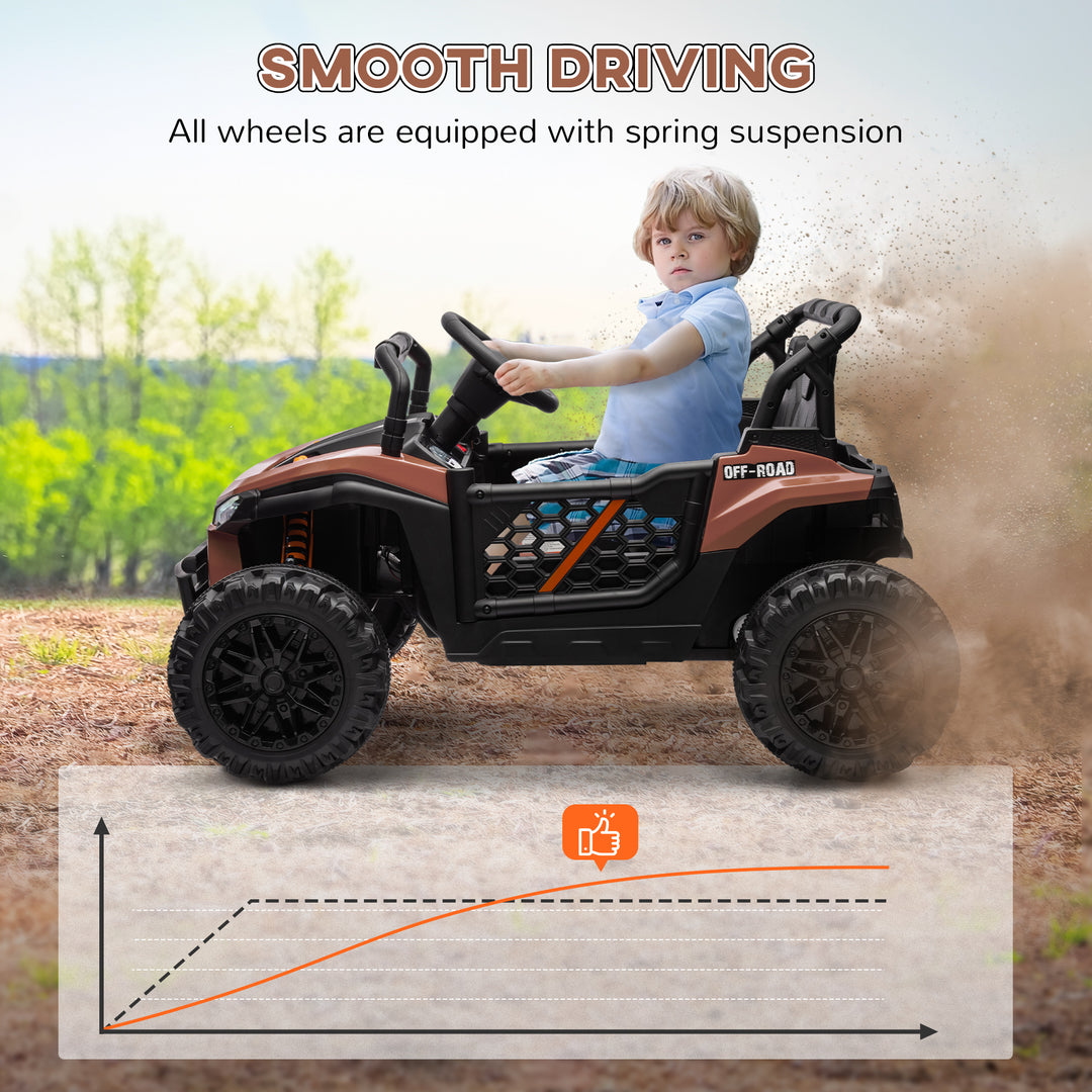 AIYAPLAY 12V Battery Powered Ride on Truck w/ Remote, Four Suspension Wheels, Horn, Lights, Music, USB, for Ages 3-5 Years, Brown