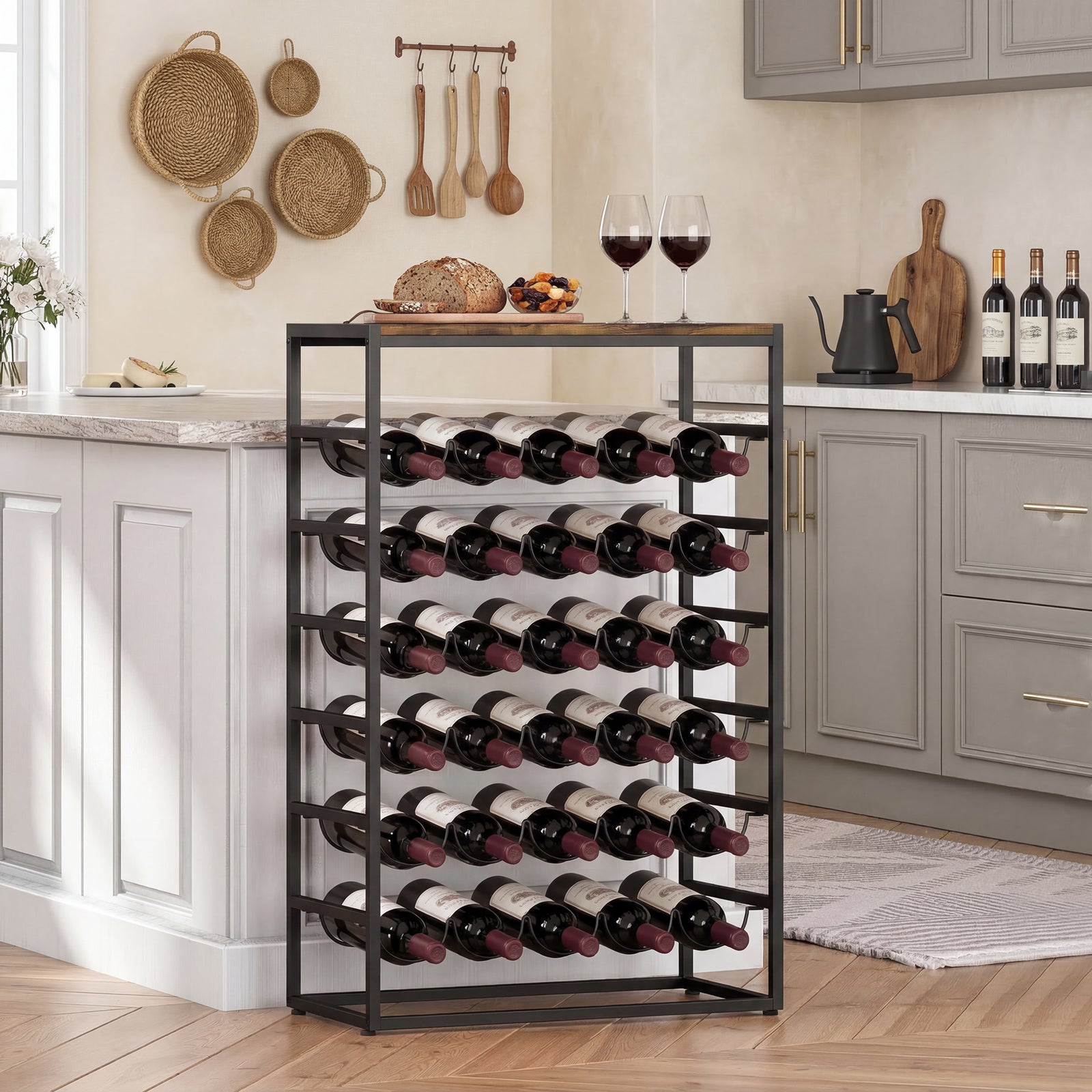 30 Bottles Wine Rack, 6 Tier Free Standing Wine Storage Holder with Wo