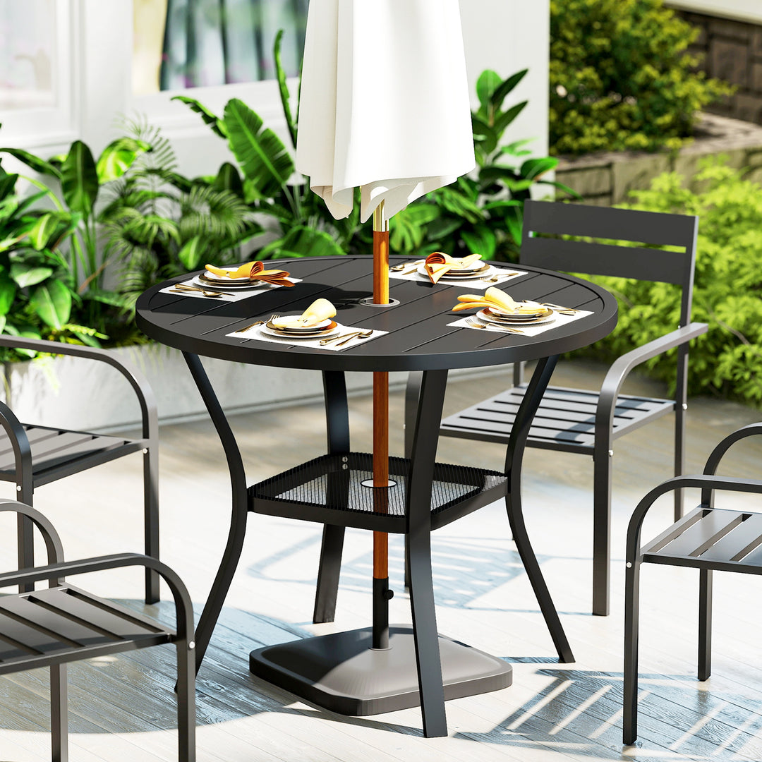 90 cm Garden Dining Table with 4-5 cm Parasol Hole, Round Outdoor Dining Table, Steel Garden Table with Slatted Metal Top and Wire Shelf for Balcony, Porch, Black