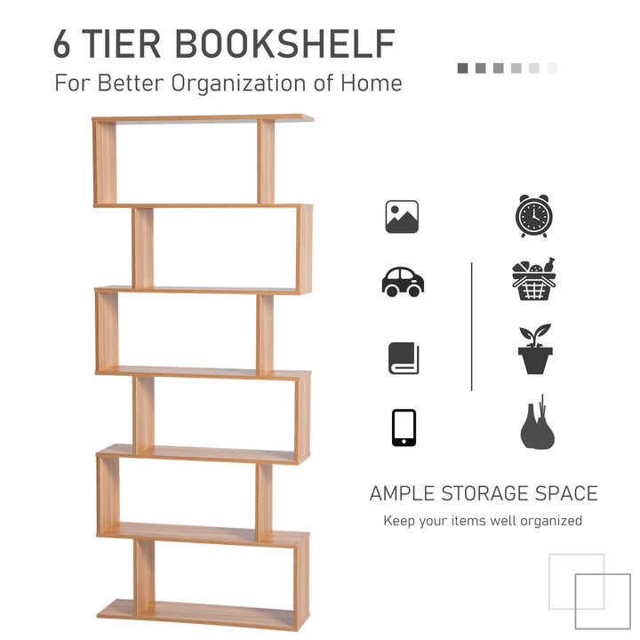 Bookcase, 6 Tier Shelf S Shaped Bookshelf, Storage Unit, Display Shelf for Living Room, Bedroom, Home Office, Plant, Maple